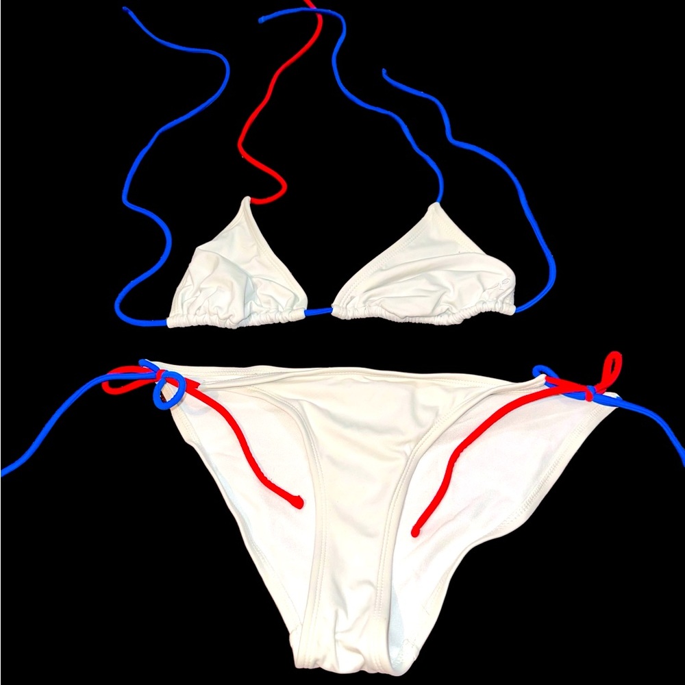 NWOT OP red white blue USA 🇺🇸 string triangle top ties bottoms M notseethrough